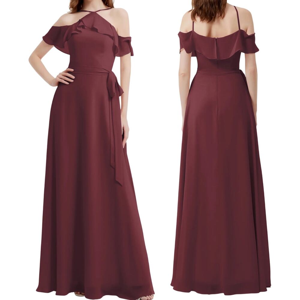 Azazie Ailani Gown Ruffle Off Shoulder Y Neck Halter Maxi Cabernet Red Womens 10